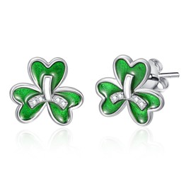 TANGPOET Small Shamrock Earrings for Women Sterling Silver Three Leaf Clover Studs Green Irish Celtic Jewellery for Girls St Patrick's Day Gifts