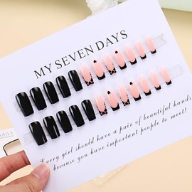 BAOYAALIN Press on Nails Medium Square French Black Fake Nails with Simple Black Heart Design Full Cover Acrylic Glue Artificial Press Stick ons Nail for Women Manicure 24PCS