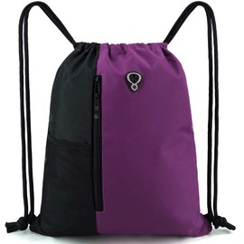BeeGreen Large Capacity Drawstring Gym Backpack with Zipper Pocket & Water Bottle Holder - Unisex Heavy Duty Sports Sack for Workout, Hiking, Travel (Purple Black)​