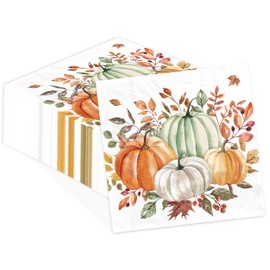 Grencian 100Pcs Autumn Square Paper Napkins 3 Ply Orange Green Grey Pumpkin Disposable Absorbent Hand Towel Napkin for Guest Thanksgiving Fall Holiday Dinner Kitchen Party Supplies Bathroom Decoration