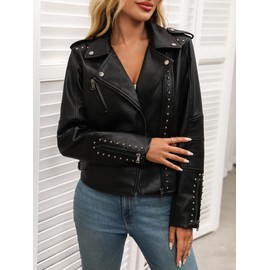 LY VAREY LIN Women's Rivet Studded Faux Leather Moto PU Short Jacket Punk Fashion Coat
