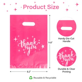 Linelglobal Pink Plastic Thank You Bag for Small Business 7.8x11.8 Plastic Shopping Bag with Handle for Store Retail