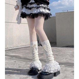 Leoparts Women's Knit Leg Warmers Y2K Bow Lace Trim Knee High Leg Sleeve Socks for Lolita Costume Party Accessory