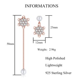 Zolkamery Christmas Dangle Earrings for Women, 925 Sterling Silver Asymmetric Snowflake Drop Earrings with Bead Zirconia, Hypoallergenic Xmas Stud Hanging Earrings, Rosegold Long Chain Tassel Earrings