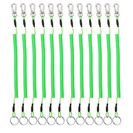 12PCS Fishing Lanyard Spiral Keyring Heavy Duty Retractable Coiled Tether with Carabiner and Split Ring for Pliers, Boating, Tools, Green