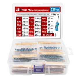 Ledvillage 17 Values Resistor Kit Assortment 0 Ohm-1M Ohm ±1% Tolerance 1/4W Metal Film Resistor Set (Pack of 525) for Electronic Projects, DIY Electronics & Experiments