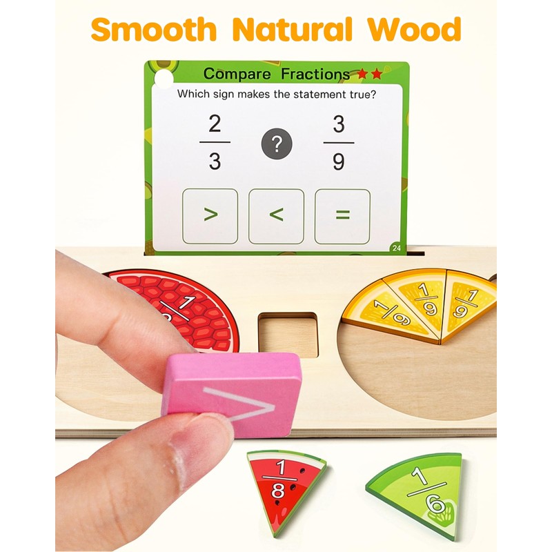 D-FantiX Wooden Fruit Fraction Manipulatives, Wood Fraction Tiles & Fraction