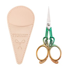 Small Precision Scissor, Small Embroidery Scissors with PU Leather Sheath Sewing Scissor Embroidery Crafting Threading Scissor for Needlework Craft Art Work Manual Handicraft DIY Tool (Gold Green)