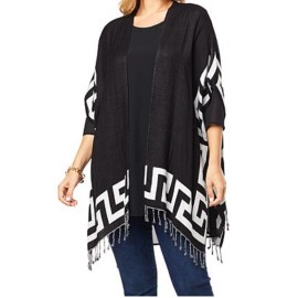 Colleen Lopez Reversible Topper Ruana GREEK KEY Poncho Caftan Fringe Trim Small