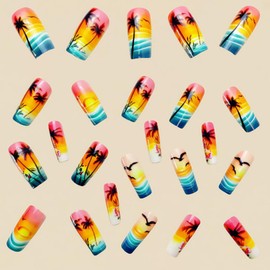 24Pcs Square Press on Nails Medium Length Fake Nails Spring Summer False Nails with Coconut Tree Sunset Clouds Designs Full Cover Glue on Nails Cute French Acrylic Reusable Artificial Nails for Women