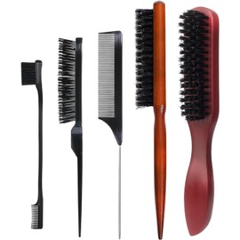Boar Bristle Slick Back Hair Brush Teasing Comb, 5Pcs Anti Static Quiff Roller Hair Brushes,Slick Back Hair Brushes Boar Bristle Hair Brush with Plastic Comb and Eyebrow Brush