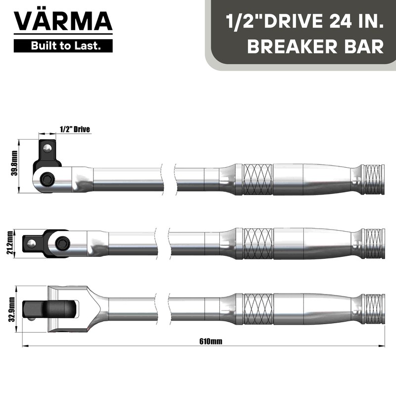 VÄRMA 1/2” Drive 24-Inch Breaker Bar with 180° Pivot Flex