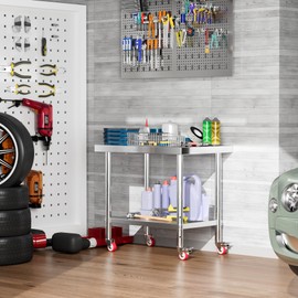 KUARBARR Stainless Steel Table for Prep & Work with 4 Caster Wheels with Undershelf 24 x 36 NSF Metal Commercial Kitchen Adjustable Undershelf Worktable for Restaurant Home Outdoor