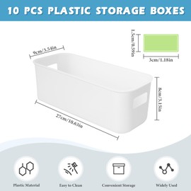 SHAIDOJIO 10PCS Plastic Storage Boxes, White Rectangle Storage Baskets with Handles-27 * 9 * 8cm, Kitchen Cupboard Storage with 1 Sheet Colorful Labels, Small Containers for Bathroom Shelf Toy Office
