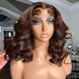 250% Density Loose Deep Wave Brown Lace Front Wigs Human Hair Wear and Go Glueless Short Bob Wigs Human Hair 4x4 HD Lace Closure Wigs with Elastic Band (16inches)