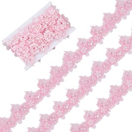 HOBBIESAY 3 Yards Pink Flower Lace Trim Floral Pearl Beads Lace Edge Trim Ribbon Embroidered Trim Polyester Trim Ribbon for Wedding Applique DIY Sew On Supplies Craft Decoration, SRIB-HY0001-04-US37
