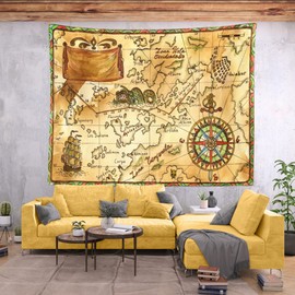 CORFOTO Vintage Ancient Map Tapestry Wall Hanging Hand Drawn Nautical Map Compass Nostalgic Style Historical Map Wall Art for Bedroom Aesthetic Living Room Dorm Decorations Room Decor 92Wx70H inches