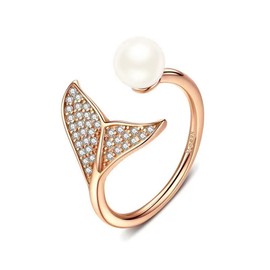 Hifunny Mermaid Tail Ring Vintage Pearl Zircon Fish Tail Open Ring Women Men Adjustable Jewelry Gifts (Rose)