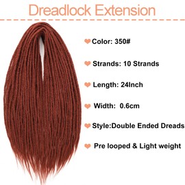 Mscat Synthetic Double Ended Dreadlock Extensions 24 Inch Copper Red 0.6 cm Width Hippie Wool Dreads 10 Strands Handmade Soft Loc Extensions for Women Men