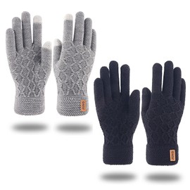 Winter Gloves for Women Men, 2 Pack Touch Screen Gloves Warm Fleece Lining Knit Thick Thermal Glove for Womens Mens (Black & Grey)