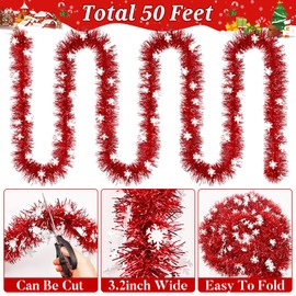 50Ft Christmas Red and Snowflake Tinsel Garland Metallic Twist Shiny Christmas Garland for Xmas Christmas Tree Ceiling Hanging Decorations Holiday Wedding Home Party Supplies Indoor Outdoor Decor