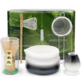 Matcha Set, 5-Piece Matcha Tea Set with Matcha Whisk, Matcha Bowl with Pourer, Matcha Strainer, Stirrer Stand and Bamboo Spoon, for Matcha Lovers (Black)