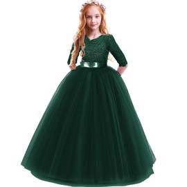 Girl Long Sleeve Vintage Lace Tutu Princess Pageant Cocktail Dresses Kids Prom Ball Gown Wedding Junior Bridesmaid 4-14 Years B Kelly Green 4-5 Years