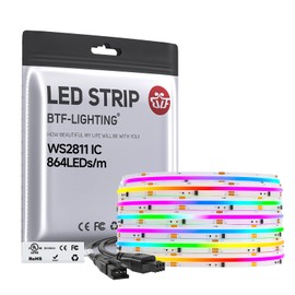 BTF-LIGHTING COB WS2811 IC RGB LED Strip UL Listed FCOB 5M 864LED/m 24IC/m Flexible High Density Uniform Light Chasing Color LED Tape 12V 12mm Width IP30 for Indoor Decor (No Adapter or Controller)
