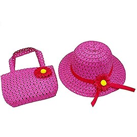 Two-Piece Set - Sun Hat - Straw Bag - Girls - Summer - Elegant - Sun Protection -, fuchsia