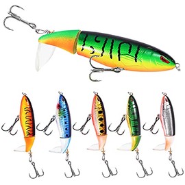 Reboer 6Pcs Bass Fishing Lures, Whopper Popper Lure, Floating Surface Hard Swimbait with Rotating Tails, Lifelike Spinner Action Lures with Heavy Duty Hooks