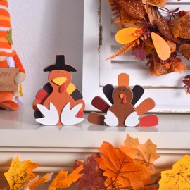 Thanksgiving Turkey Decor, 2PCS Fall Tabletop Wooden Signs for Home, Rustic Turkey Tiered Tray Decorations for Thanksgiving Table, Farmhouse Autumn Centerpiece Blocks for Harvest (2pcs)