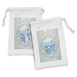 Ambesonne Brick Wall Fabric Pouch Set of 2, Breaking Effect 3D Wall Greece Santorini Landscape, Small Drawstring Bag for Toiletries Masks and Favors, 9" x 6", Pale Green Pale Blue