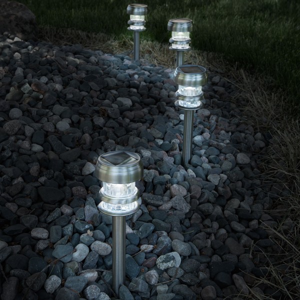 Solar Powered Lights (Set of 4)- LED Outdoor Stake Spotlight Fixture for Gardens, Pathways, and Patios by Pure Garden-Silver