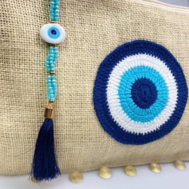 Evil Eye Clutch Bag Eco Friendly Jute Handheld Purse Large Space Zipper Closure Wipeable Liner Crystal Decoration