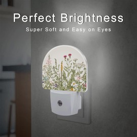 Herbs and Wild Flowers Night Light for Kids,Watercolor Green Botanical Floral Leaves Night Light Plug in with Dusk to Dawn Sensor,0.5w Energy Saving Nightlight for Hallway Stairway Kitchen Bedroom