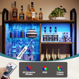 Bestier LED Kitchen Floating Shelves, 34" Industrial Pipe Shelves with Adjustable Glass Shelves, Wall Mounted Shelf with 6 S-Hook Towel Bar, Wine Coffee Bar Rack for Room Decor Rustic Brown