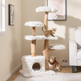 Tangkula Modern Cat Tree, 53 Inch Tall Natural Branch Wooden Cat Tower with Jute Scratching Posts, Plush Perch, Condo, Aesthetic Luxury Solid Wood Flower Cat Tree for Indoor Cats Large Adult (White)