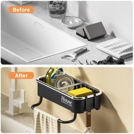 MENGCOOL Sink Caddy, Kitchen Sink Caddy Organiser Sink Sponge Holder for Sink Tid, Stainless Steel Sink Tidy Organiser Wall Mounted Wall Mounted/Hanging for Kitchen Accessories (Black)