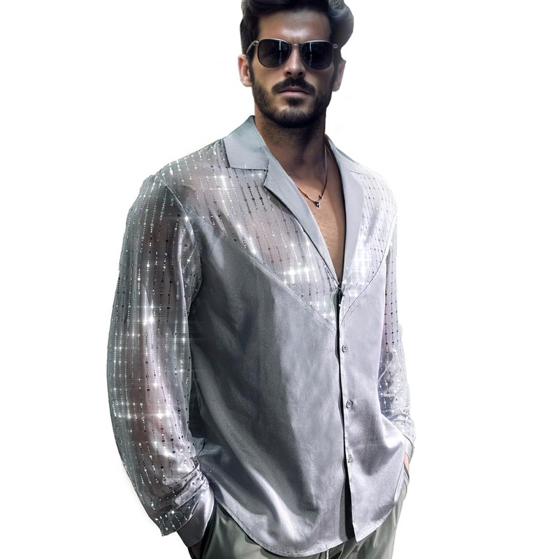 AIBEIX Mens Mesh Sequins See Through 70s Disco Long Sleeve
