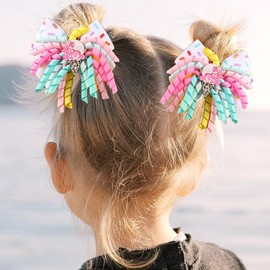 Ice Cream Curly Ribbon Hair Clips - Colorful Handmade Grosgrain Ribbon for Toddlers Kids Cheer Non-slip Alligator Hair Barrettes Accessories (Ice cream)