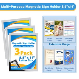 VAIIGO 3Pack Self-Adhesive Frame Magnetic Sign Holder 8.5 x 11 Wall Mount, Magnetic Picture Frame Document Holder for Wall, Door, Window, Refrigerator Display Frame, Silver