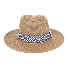 IBLUELOVER Straw Sun Hat Wide Brim Panama Hat Summer Floppy Fedora Trilby Straw Hat UV UPF 50+ Beach Sun Cap with Ethnic Band for Men Women,Foldable
