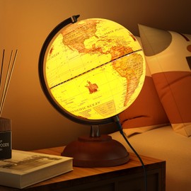 Illuminated World Globe with Wood Stand, 8'' Vintage Globes for Adults, Light Up Globe for Kids Children Earth Geography Learning, Antique Globes Lamp Night Light Desk Decor for Home Office Classroom