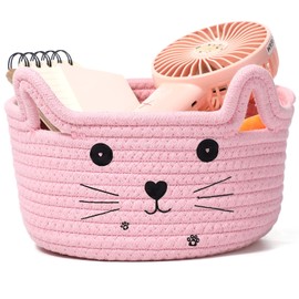 Zopeal - Cestino portaoggetti a forma di gatto con orecchie, in corda di cotone, contenitore giocattoli per la stanza dei bambini (21,1 x 11,9 cm, rosa)