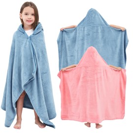 Hiturbo 2Pcs Kids Fleece Hooded Towel: Soft Plush Warm Blanket - 50"x30" Pool Beach Bath Swim Towel Wrap for 3-12 Yrs (Blue+Pink)