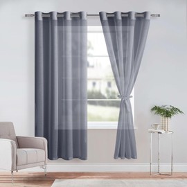 DWCN Dark Grey Sheer Curtains with Tiebacks Semi Transparent Voile Grommet Curtains Elegant Window Curtains for Bedroom and Living Room,2 Panels,W56 x L72