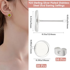 Beebeecraft 1 Box of 50 Pieces 304 Stainless Steel Cabochon Setting for Stud Earrings Silver Blank with Ear Nuts for Making Jewellery and Earrings (Compartment: 8 mm)