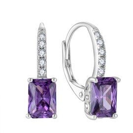 FJ Princess Cut Dangle Drop Earrings 925 Sterling Silver Leverback Square Solitaire Earrings Amethyst February Birthstone Jewelry Gifts for Women