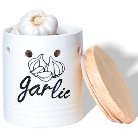 GDCZ Large Garlic Keeper with Wood Lid, Ceramic Garlic Container for Counter,Garlic Saver to Keep Your Garlic Cloves Fresh Longer, 31 oz White