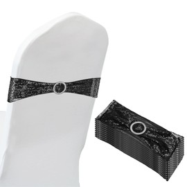 PATIKIL 14"x6" Stretch Chair Sashes Bows, 10 Pack Elastic Chair Bands Sashes with Buckle Slider for Wedding Banquet Decorations, Black